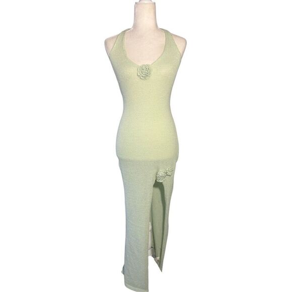 Lime green knitted halter dress with deep slit - XS - Picture 1 of 11